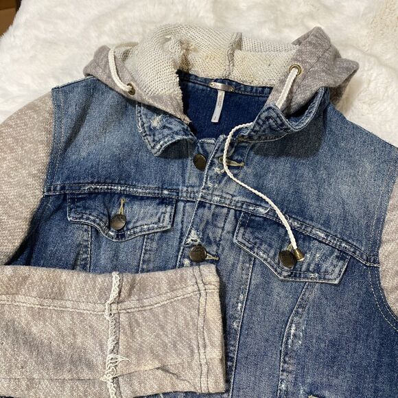 Free People Women's Small Distressed Hooded Jean Jacket Sweatshirt Combo - Picture 4 of 10
